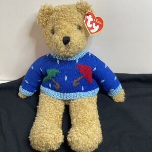TY Beanie Babie Buddy Curly Bear 17" Blue Rainy Day Sweater Retired Vintage 1990